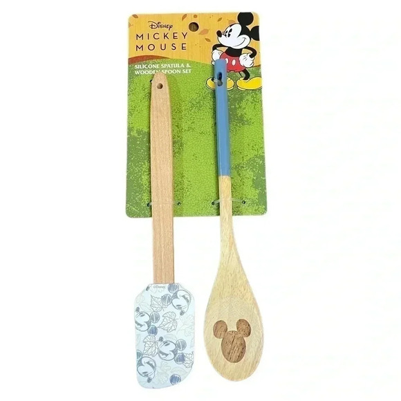 Disney Mickey Mouse Fall Leaves Silicon Spatula & Blue Wooden Handle Spoon Set - Picture 1 of 4